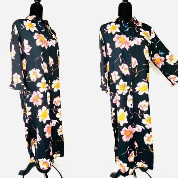 Lulus Mary Anne Black Floral Print Midi Shirt Dress Black Large Brand NWT - Picture 4 of 12